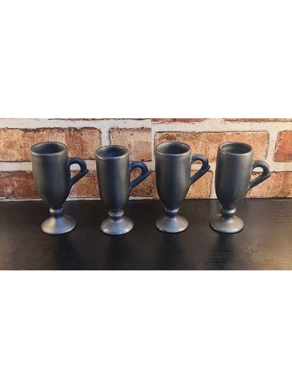 Vtg 4pc LAMA Western Airlines Mexican Black Pottery Pedestal Mugs Oaxaca Mexico